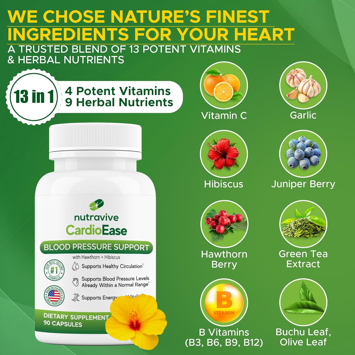 Nutravive Blood Pressure Support Supplement – Natural Heart & Circulation Support with Hawthorn, Garlic, Olive Leaf, Hibiscus & B12 – USA Made, GMP Facility - 90 Capsules