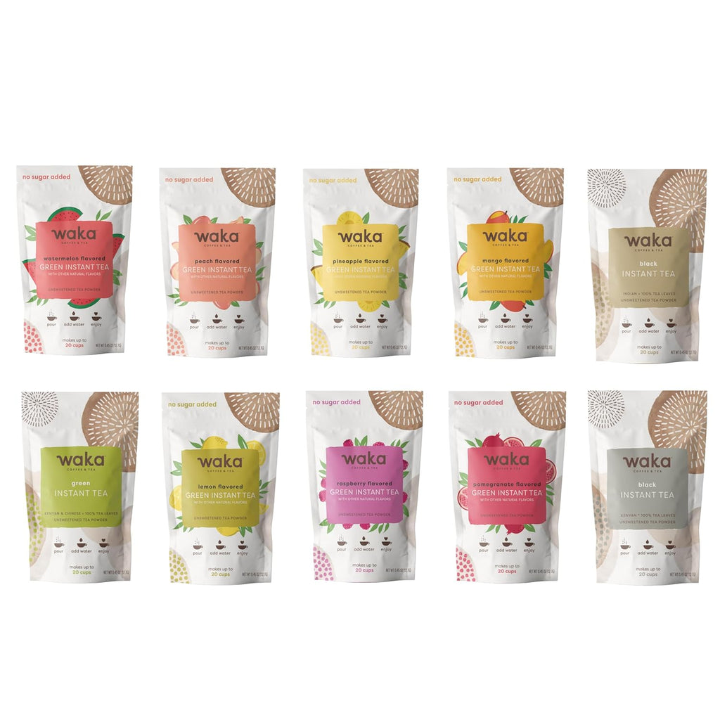 Waka — Green & Black Instant Tea Sample Bundle — No Sugar Added & Unsweetened — 10 X 0.45 oz Sample Packs For Hot or Iced Tea (Up to 20 Cups or 5 Quarts EA)