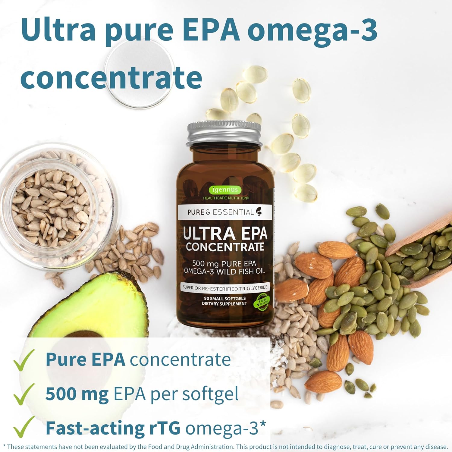 Igennus Ultra Pure Omega-3 EPA 500mg, Highly Concentrated IFOS Certified Wild Fish Oil, Advanced rTG Triglyceride Form, Non-GMO, 90 Small Softgels