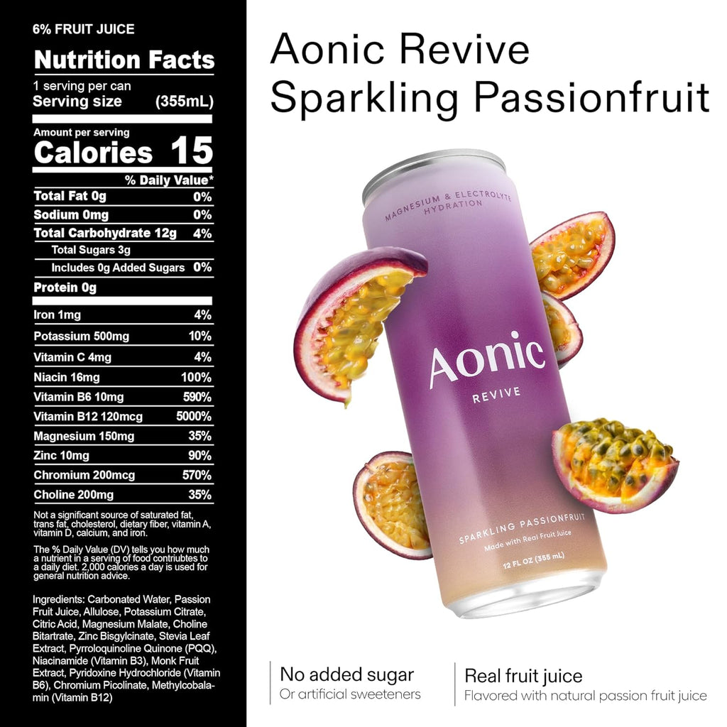 Aonic Revive Sparkling Passionfruit – Electrolyte Hydration with Magnesium + Potassium, Delicious Taste, Real Fruit Juice, 12oz (12 Pack)