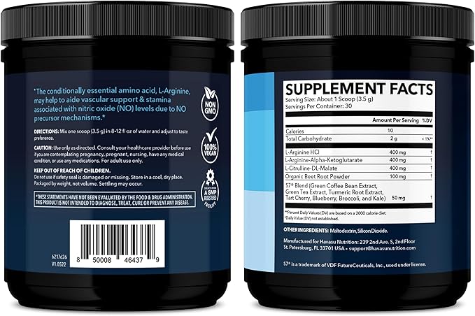L-Arginine Powder - Nitric Oxide Supplement for Men and Women with L-Citrulline and Beet Root - Pre and Post Workout Support for Endurance and Recovery - Unflavored, 1 Month Supply (30 Scoops)