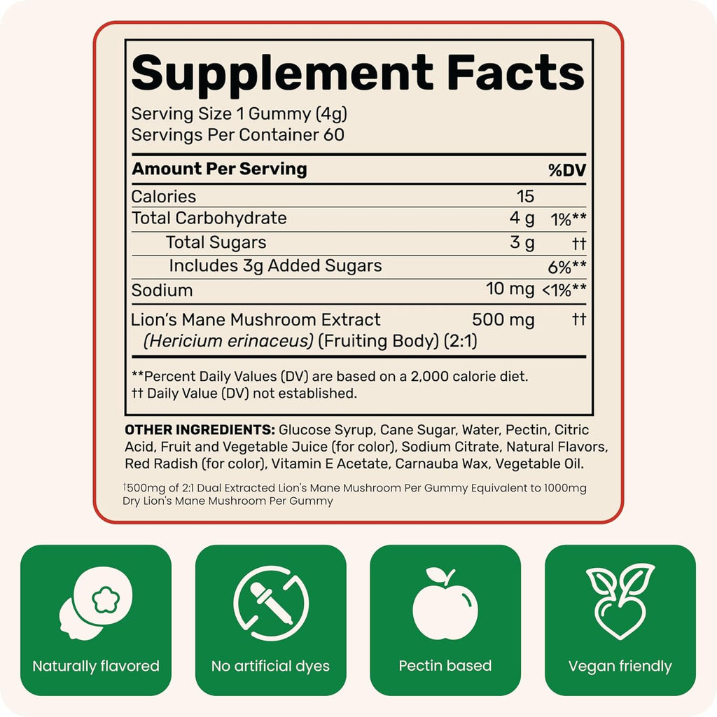 Fungies Lion's Mane Mushroom Gummies, Mixed Blueberry & Strawberry Flavor - Mushroom Supplement Gummy for Adults & Children Supports Brain Health, Cognitive Function, Focus, Memory & Mood, 60 Servings