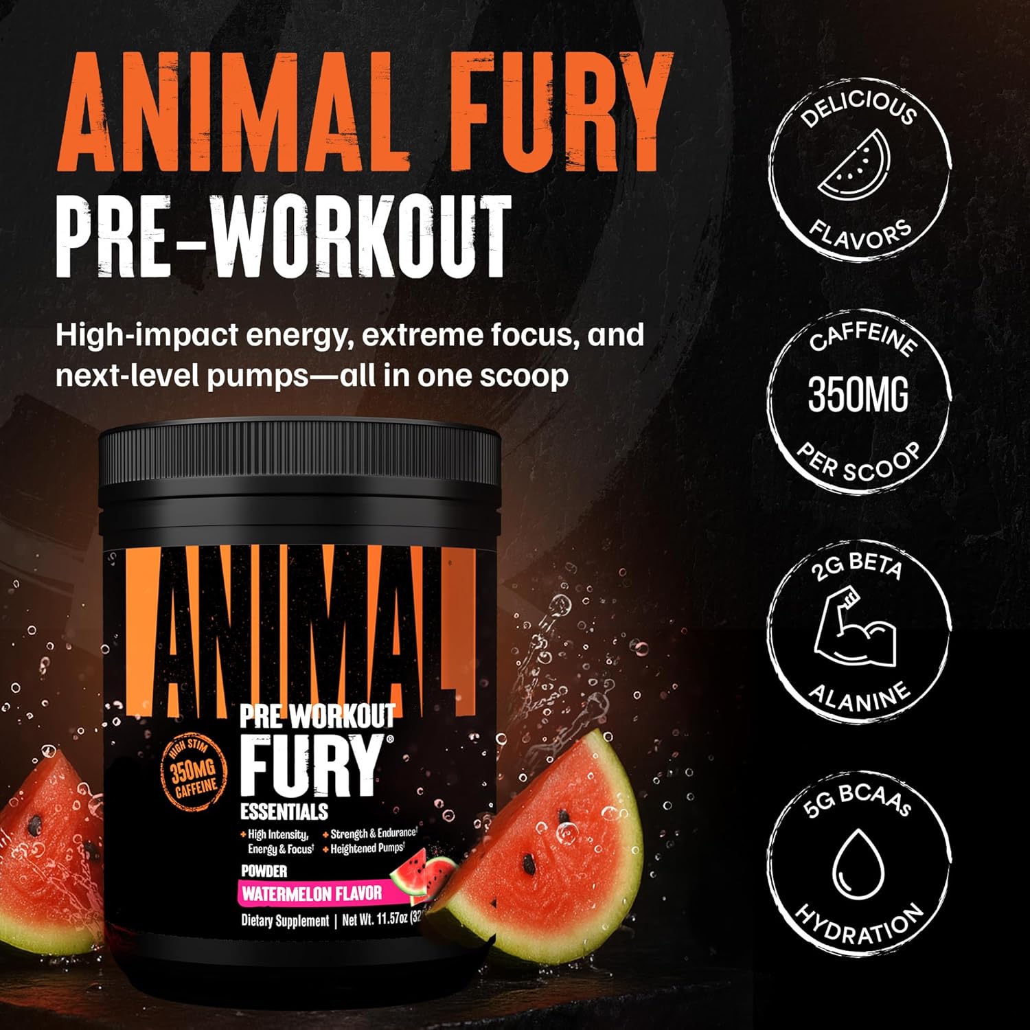 Animal Fury Pre Workout Powder - Watermelon, 350mg Caffeine, BCAA Amino Acids, 2g Beta Alanine, Citrulline & Tyrosine, Energy, Focus, Strength, Endurance, Preworkout for Men & Women, 20 Servings