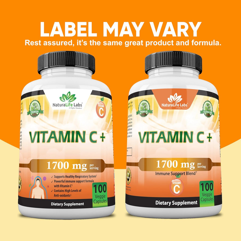 NaturaLife Labs A Higher Standard Vitamin C 1,700 MG with Vitamin D3, Zinc, Elderberry, Ginger Root - Maximum Strength Multi System Immune Support- 100 Veggie Capsules