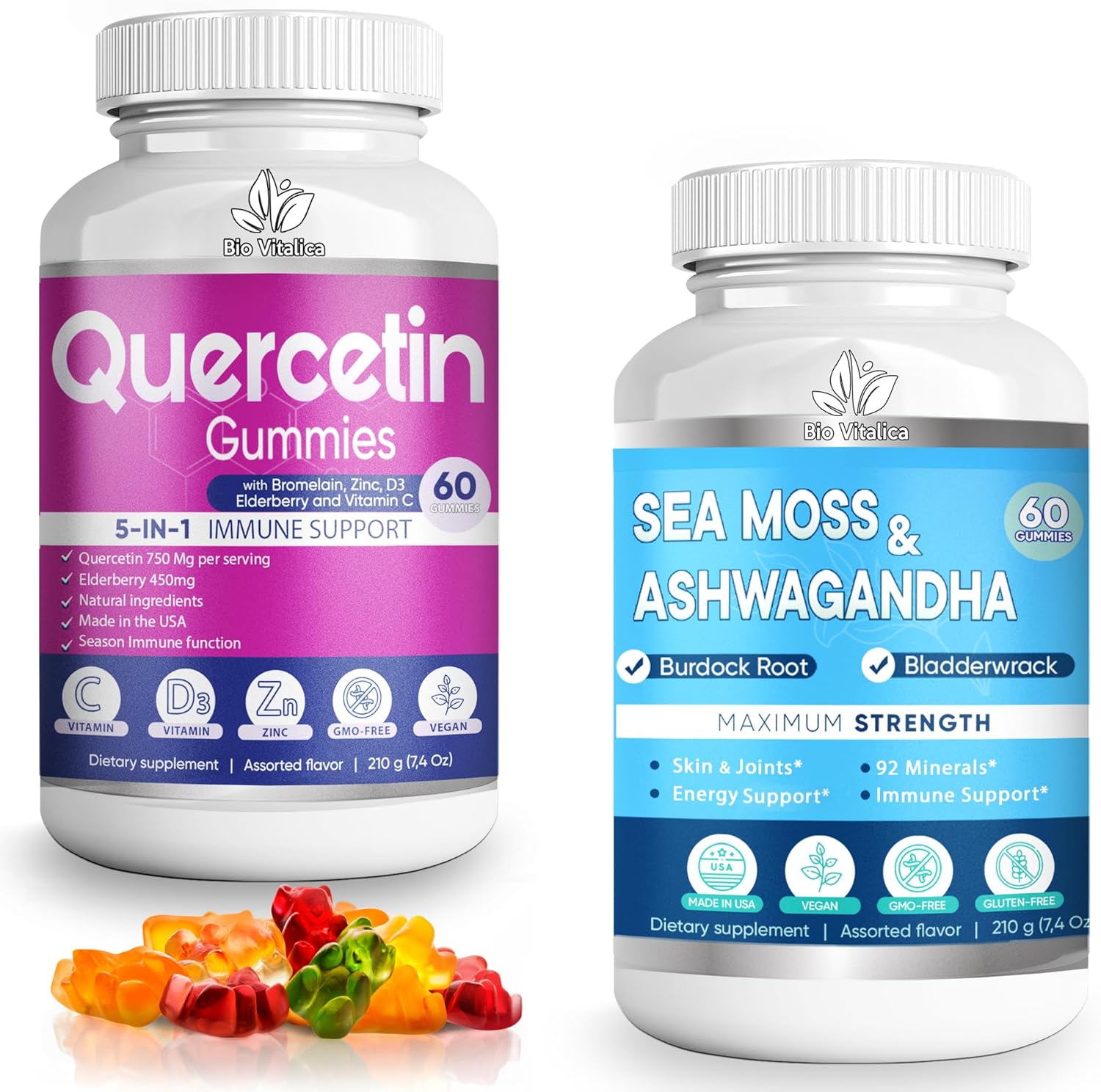 BIO VITALICA BioVitalica Sea Moss Ashwagandha & Quercetin Gummies (Bundle) with Bromelain Vitamin C and Zinc & Elderberry + Vitamin D3-5 in 1 Immune Support