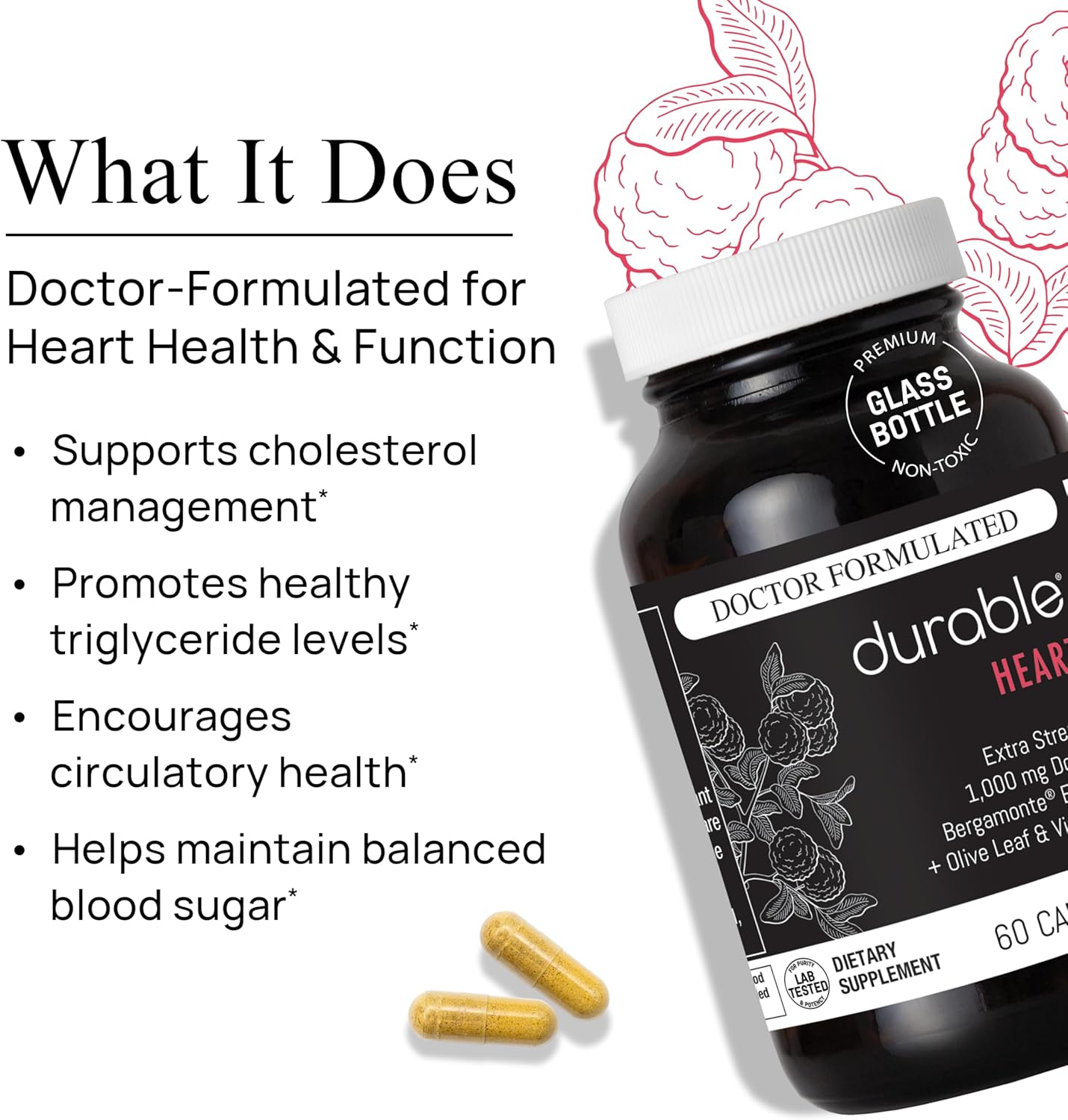 Durable Heart – Bergamonte Citrus Bergamot 1,000 mg + Olive Leaf Extract + Vitamin C - Heart Health Supplement for Healthy Cholesterol - Doctor Formulated, Vegan, Non-GMO, Made in USA (60 Capsules)
