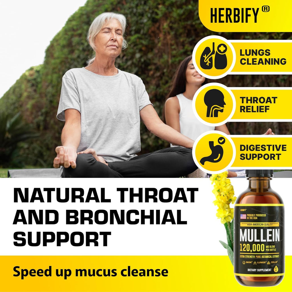 HERBIFY Mullein Drops - Lung Cleanse - Leaf Extract - Powerful Mullein for Immune Support,Detox & Respiratory Support - Made in USA - Lung Cleanse for Smokers - 4 Oz