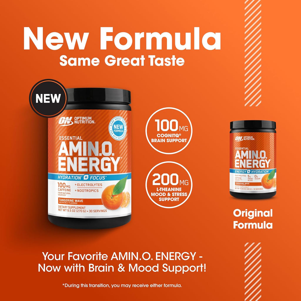 Optimum Nutrition Amino Energy Powder Plus Hydration, with BCAA, Electrolytes, and Caffeine, Tangerine Wave, 30 Servings (Packaging May Vary)