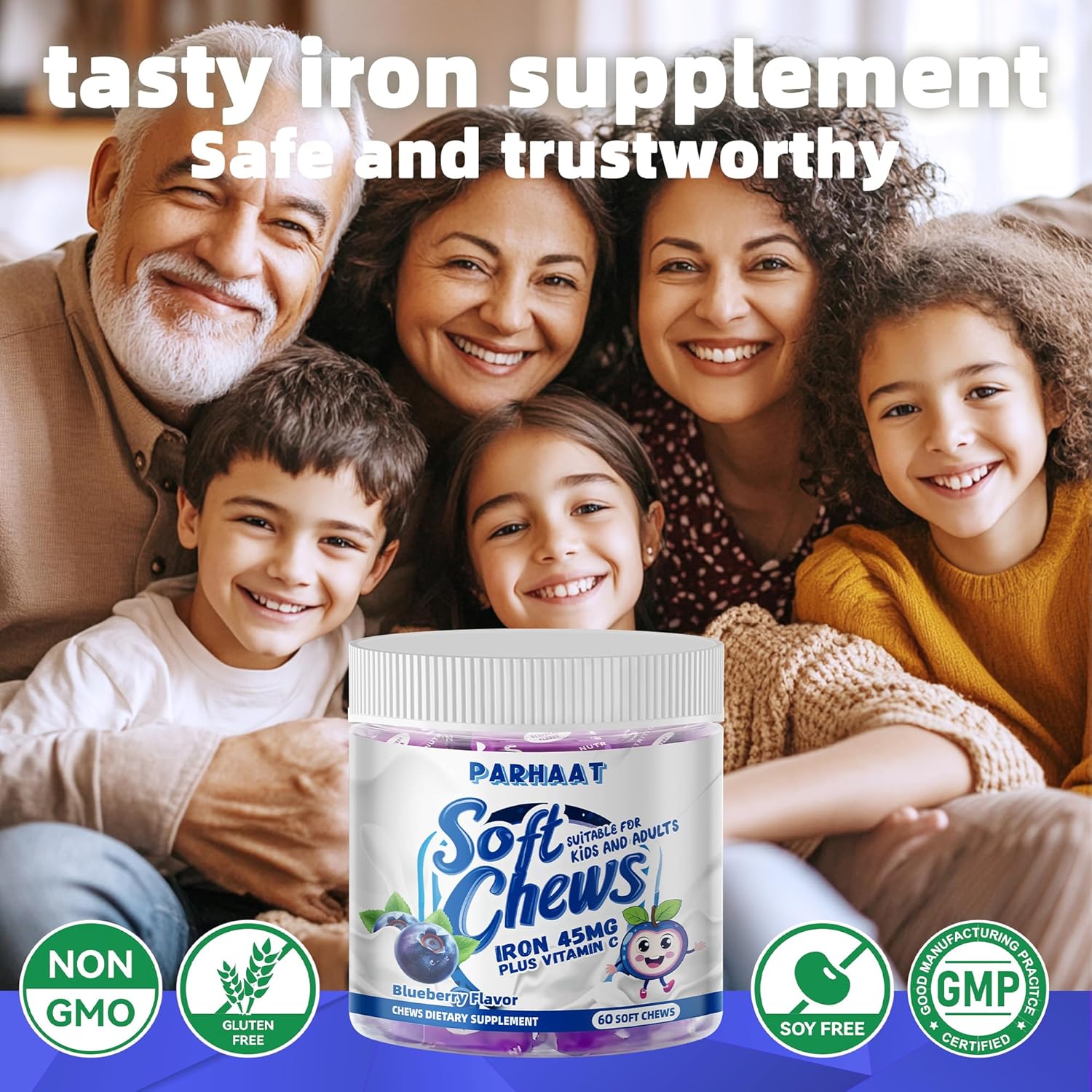Iron Soft Chew Supplement with Vitamin C | Blueberry Flavored | Gluten Free | Iron Supplement for Women Men and Kids | 60 Count | 2 Month Supply