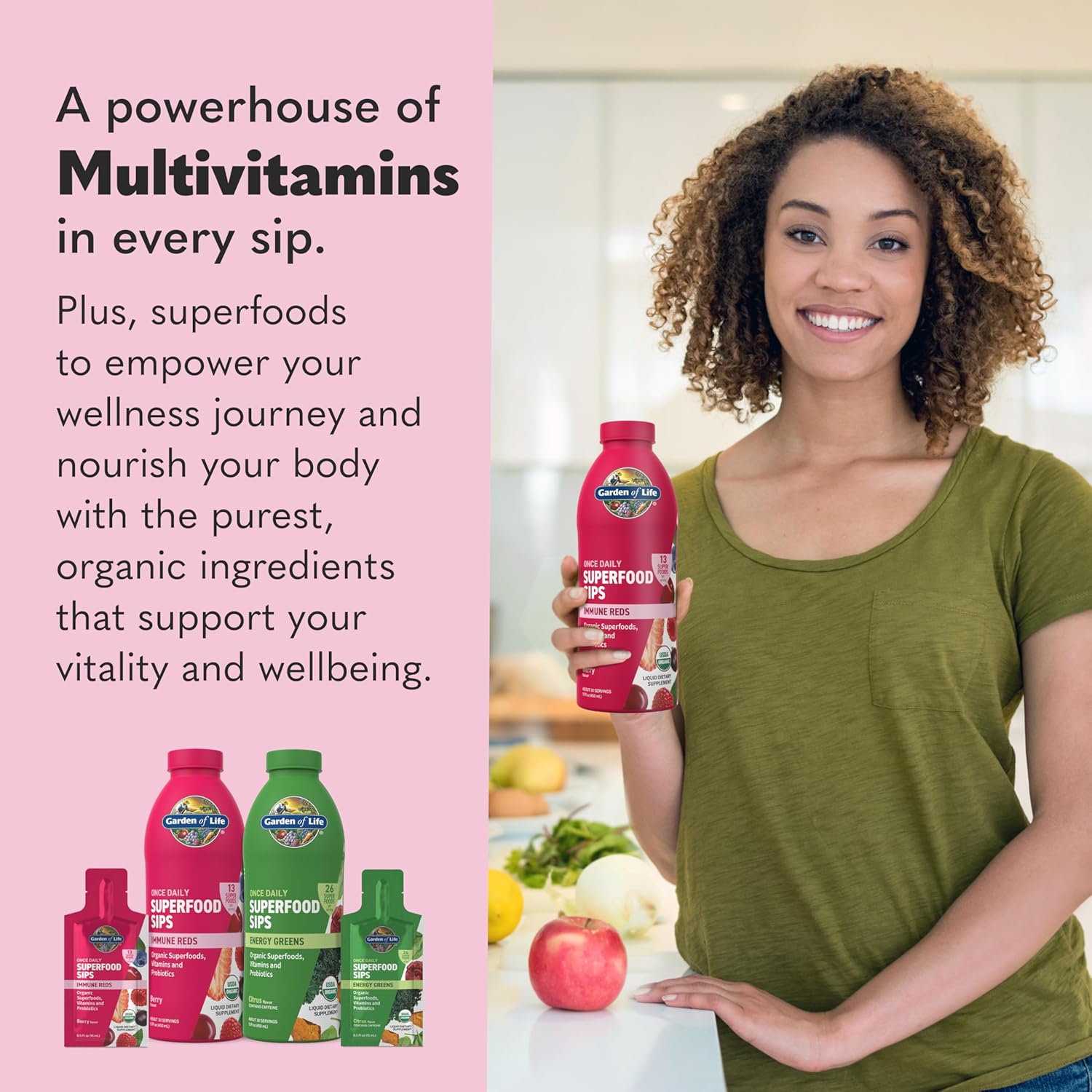 Garden of Life Superfoods Sips, 30 Servings, Vitamins, Probiotics, 13 Organic Superfoods, Functional Mushrooms, Immunity Reds, Once Daily, Organic, Vegan, Preservative-Free, Berry Flavor