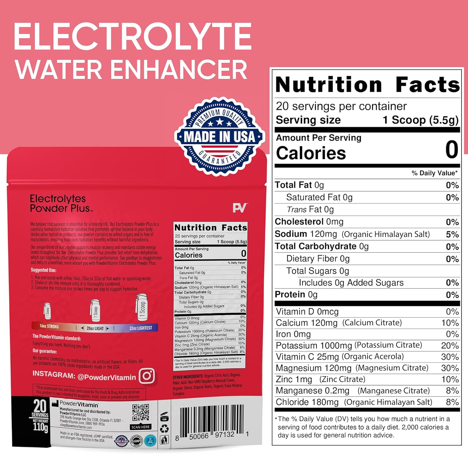 PowderVitamin Electrolytes Powder Plus (20 Servings) Raspberry Electrolyte Powder Zero Calorie Keto,0 Sugar, No Maltodextrin,1000mg Potassium,120mg Calcium,120mg Magnesium, Pink Himalayan Salt