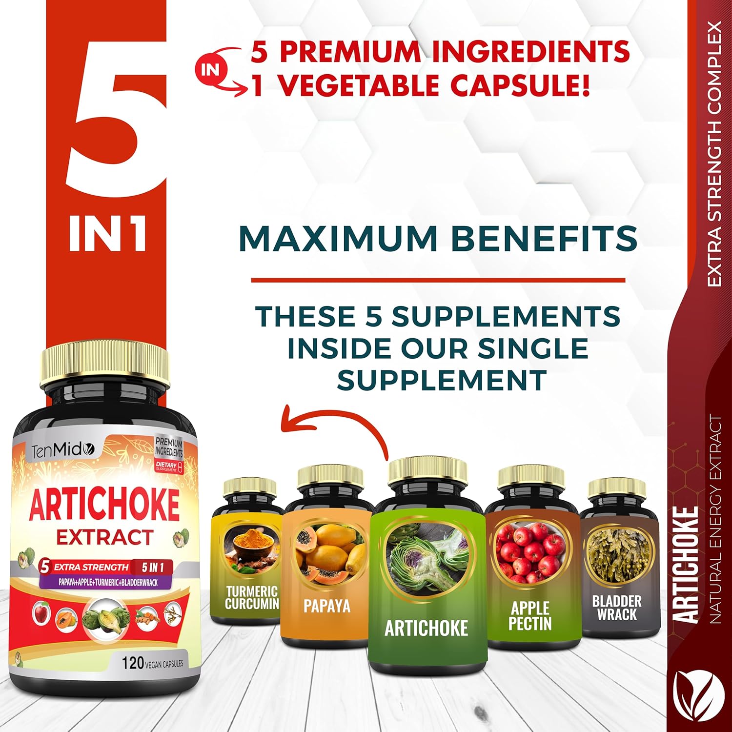 Artichoke Supplement Extract Capsules, 4 Months Supply with Papaya, Apple Pectin, Turmeric Curcumin, Bladderwrack - Supports Digestion Function - 120 Vegan Capsules