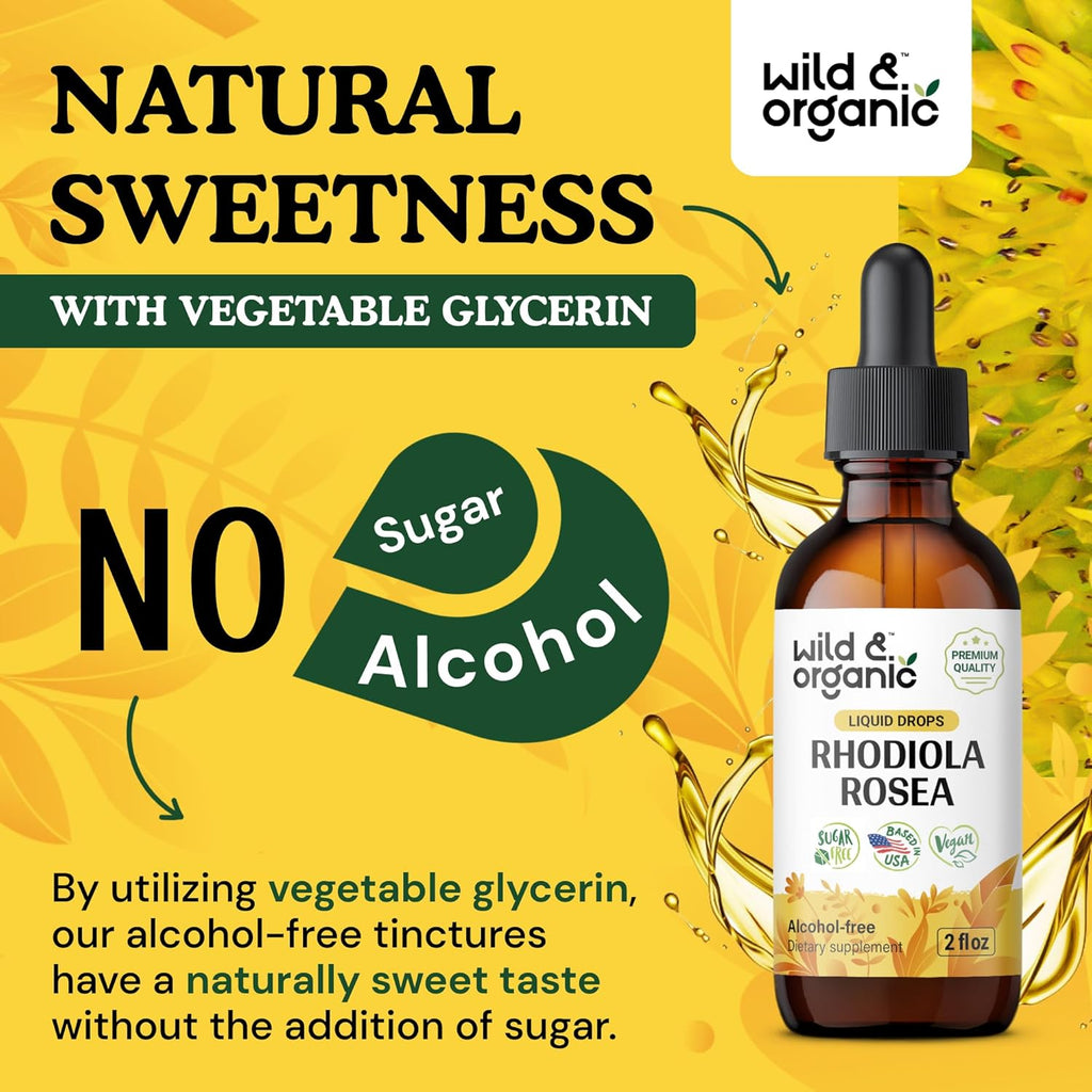 Wild & Organic Rhodiola Rosea Tincture - Mood Support - Relaxing Rhodiola Supplement - Root Extract Liquid Drops - Vegan, Sugar & Alcohol-Free - 2 fl oz