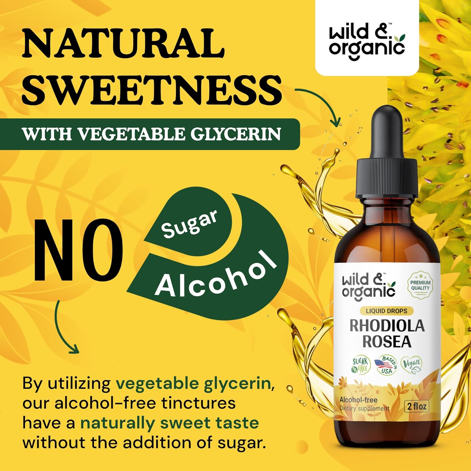 Wild & Organic Rhodiola Rosea Tincture - Mood Support - Relaxing Rhodiola Supplement - Root Extract Liquid Drops - Vegan, Sugar & Alcohol-Free - 2 fl oz