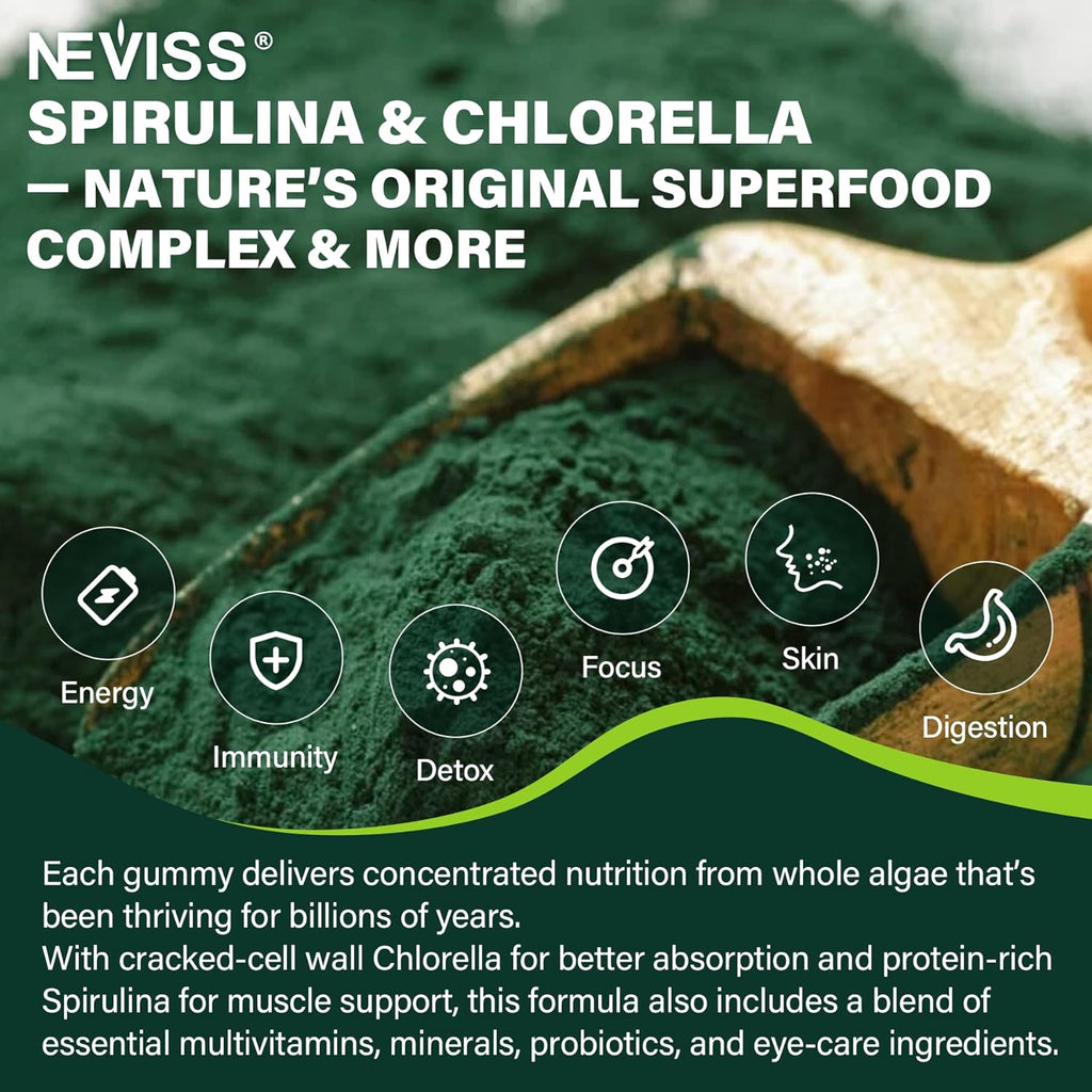Organic Spirulina Chlorella Gummies, Super Greens with Powerful Antioxidants & Excellent Rich in Chlorophyll, Vegan Protein, Essential Amino Acids & Minerals – Cellular, Energy & Immunity, 60 Cts