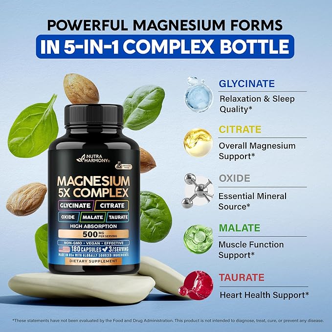 Magnesium Supplement - 5 in 1 Complex | Glycinate | Citrate | Malate | Taurate | Oxide - Made in USA - Stress, Muscle & Heart Support - Vegan, Natural, Non-GMO - 180 Capsules, 2 Month Supply