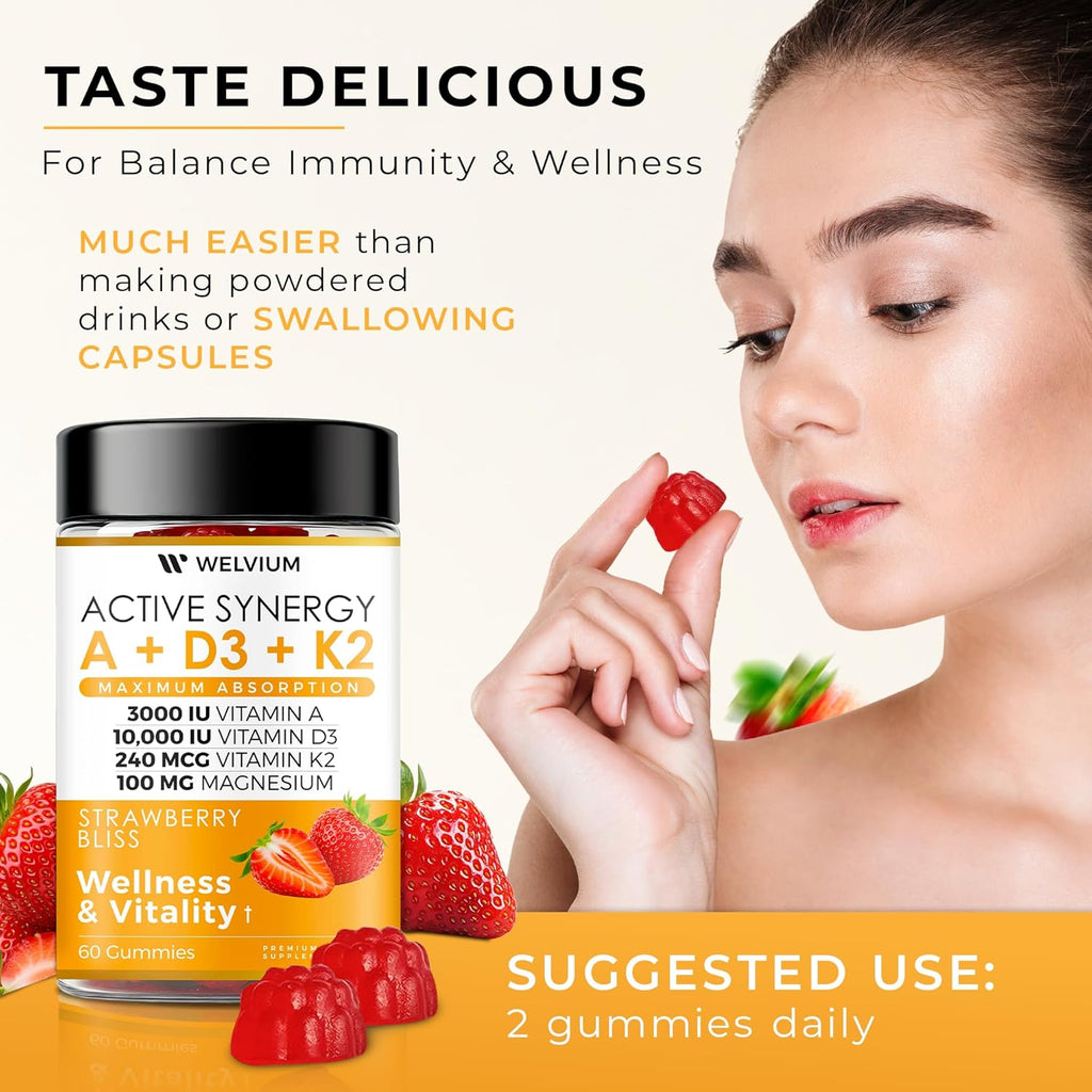 Vitamin D3 K2 Gummies 10000 IU with Magnesium Glycinate, Calcium, B12, K2 MK-7, Vitamins A, E, Lutein, Zeaxanthin - ADK Chewable Supplement for Bone, Heart, Eye, Immune Support - D3K2 Gummies
