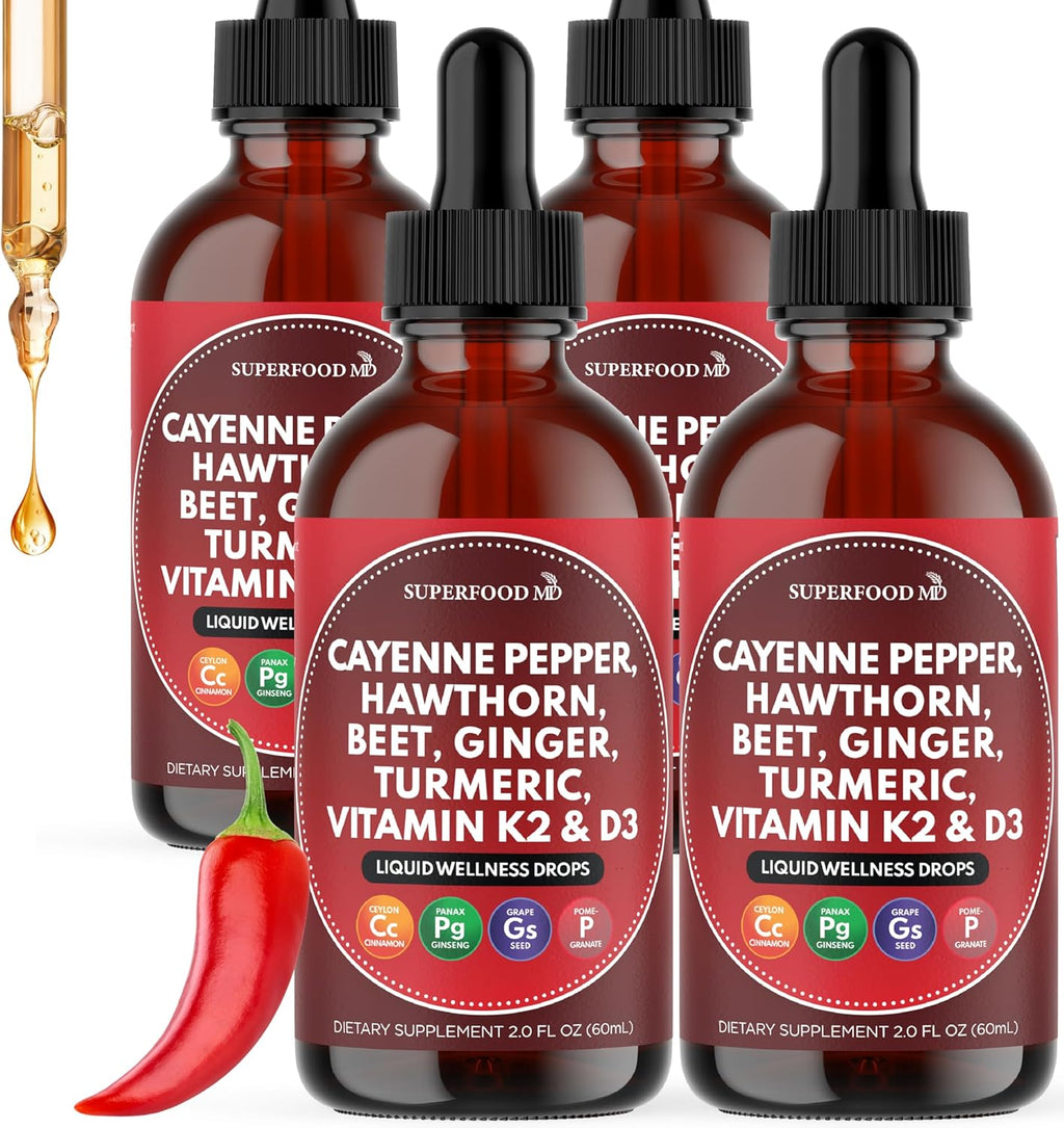 Cayenne Pepper Supplement Liquid Drops + Hawthorn Berry, Vitamin D3 K2 Beet Root Powder, Ceylon Cinnamon, Turmeric Curcumin, Organic Panax Ginseng - 8 OZ