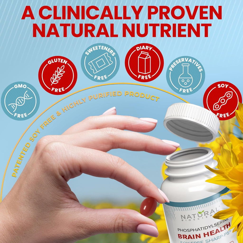 Soy Free Phosphatidylserine 100mg Softgel - PS Supplement Boosts Memory, Focus, Problem Solving, Cortisol Control. Natural Sunflower Lecithin, Patented Sharp PS-Green. Non-GMO, 60 Softgels