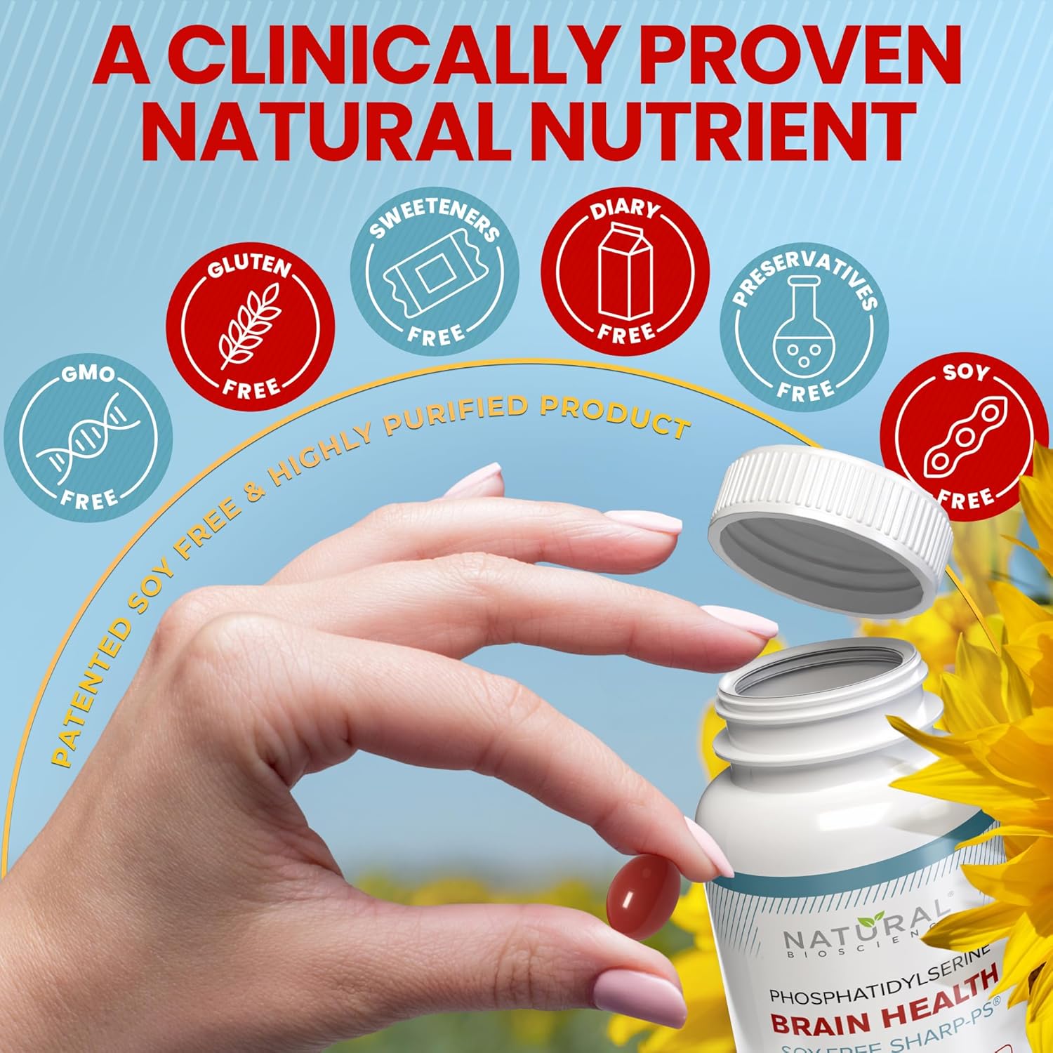 Soy Free Phosphatidylserine 100mg - Phosphatidylserine Supplement from Sunflower Lecithin, Patented Sharp PS100, Brain Health, Memory Aid, Cortisol Control, Mental Sharpness, Non GMO, 90 Softgels