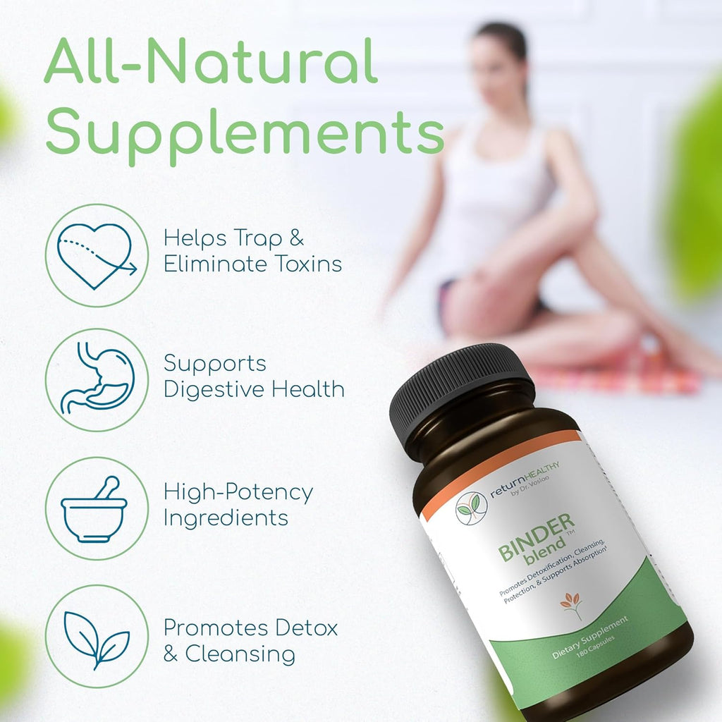 Binder Blend - Toxin Binder Supplement, Detox Capsules for a Healthy Gut - 180 Capsules - 90 Servings - 960mg Activated Charcoal & 480mg Organic Chlorella - Bloating Relief - Bentonite Clay