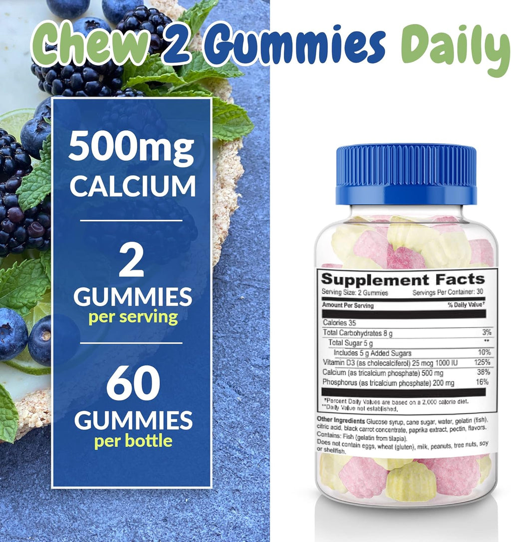 Health Supplied Calcium 500mg with Vitamin D3 1000 IU Gummies | Daily Dietary Supplement | Bone Strength, Growth, Teeth | for Adults, Teens, Kids | Great Tasting Natural Berry Flavor Vitamin Gummy