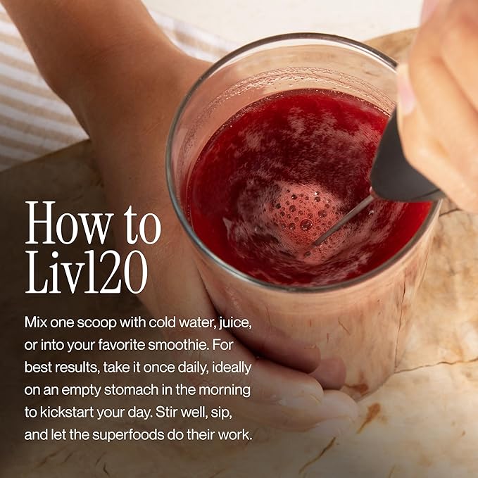 Liv120 Superfood Powder, Antioxidant Blend with Pomegranate, Turmeric, Mulberry, Soursop, Noni, Non-GMO, Vegan, for Energy, Detox, Immunity