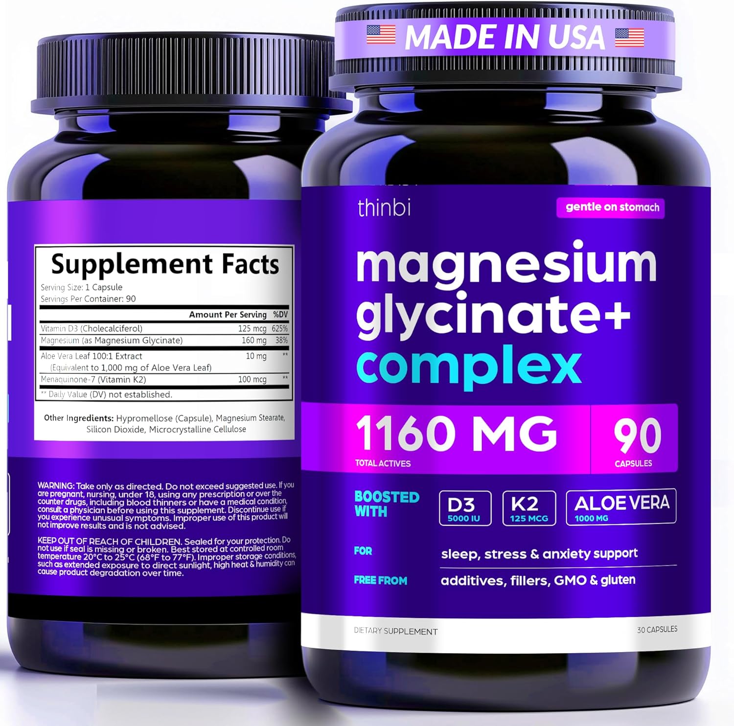 Magnesium Glycinate 1160mg + Aloe Vera, D3 & K2 Complex 90 Capsules – High Absorption, Non-Laxative – Supports Healthy Stress Response, Muscle Function & Healthy Metabolism Chelated Formula