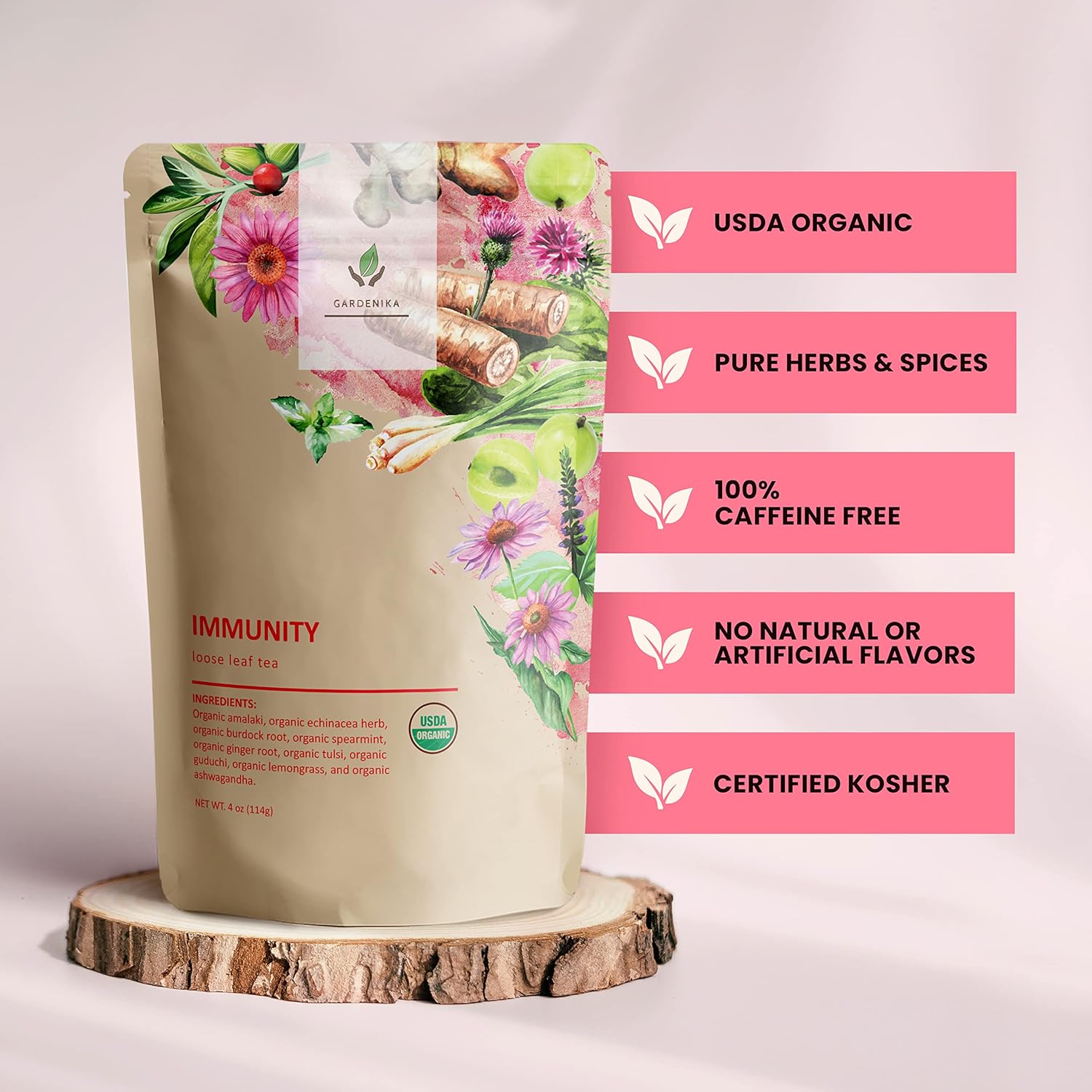 Gardenika Organic Immune Loose Leaf Tea, Herbal, Caffeine Free Leaves, Ayurvedic, KSA Kosher – 4 oz (1 Pack)