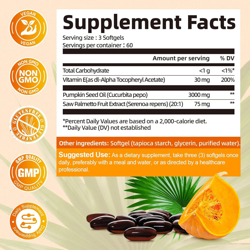 Pumpkin Seed Oil with Saw Palmetto Capsules, High Concentrated Pumpkin Seeds Oil Supplement, Cold Pressed, Supports Hair, Urinary, Bladder & Prostate Health, Vegan, Non-GMO, 180 Softgels