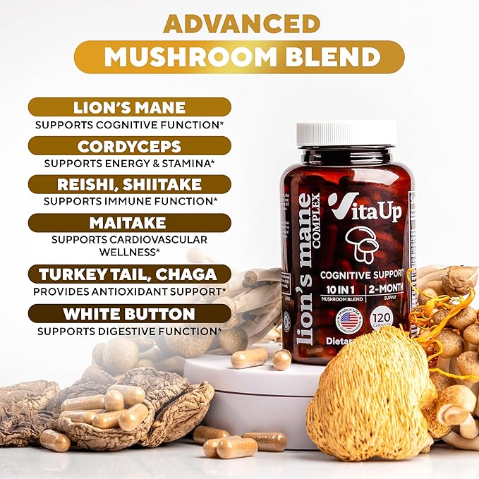 Lions Mane Supplement Capsules - USA Made 10 in 1 Mushroom Supplement - Mushroom Complex with Lions Mane, Cordyceps, Turkey Tail, Reishi, Shiitake for Cognitive & Immune Support - 120 Count