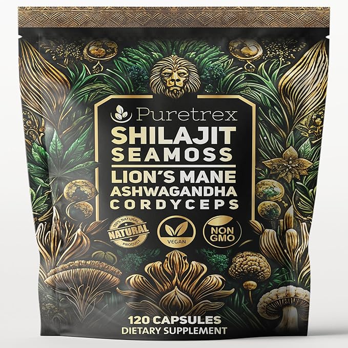 Shilajit Seamoss Capsules with Lion's Mane, Ashwagandha, and Cordyceps – 120 Vegan Capsules for Energy, Focus, and Wellness