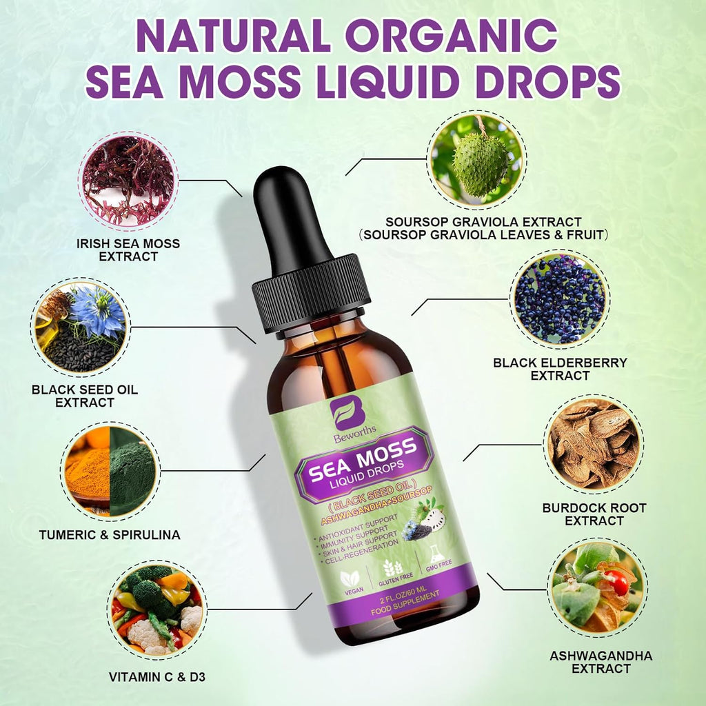 Sea Moss Liquid Drop - Black Seed Oil & Irish Sea Moss Gel with Ashwagandha, Soursop Bitters, Burdock Root, Bladderwrack, Elderberry, 6X Stronger Seamoss Supplment for Immune, Gut Health, Hair Support