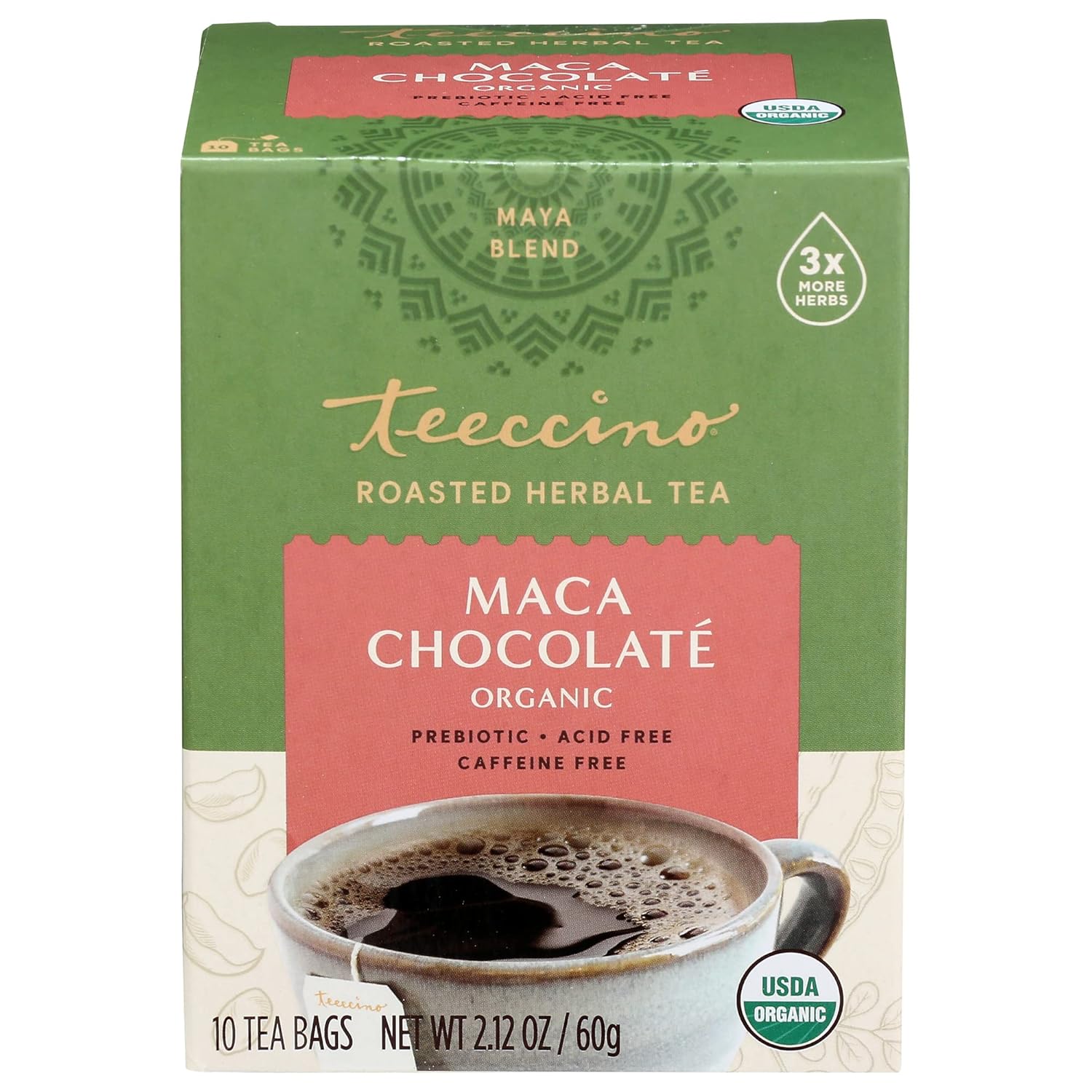 Teeccino Herbal Tea – Maca Chocolaté – Adaptogenic Peruvian Maca, Cacao, Chicory, Prebiotic, Caffeine Free, Acid Free, Coffee Alternative (10 Count (Pack of 4))