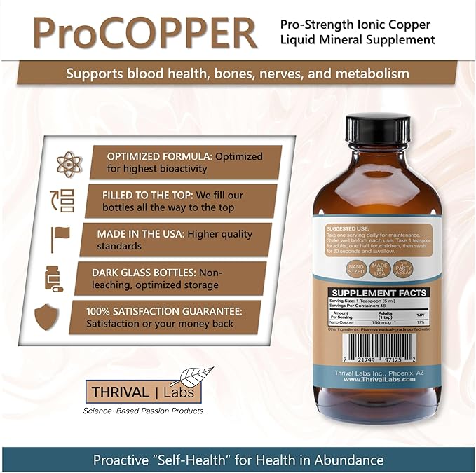 Ionic Copper Drops 30 PPM – Premium Bioavailable Liquid Copper Supplement for General Wellness & Trace Mineral Support – Amber Glass Bottle with Dropper – 16 fl oz