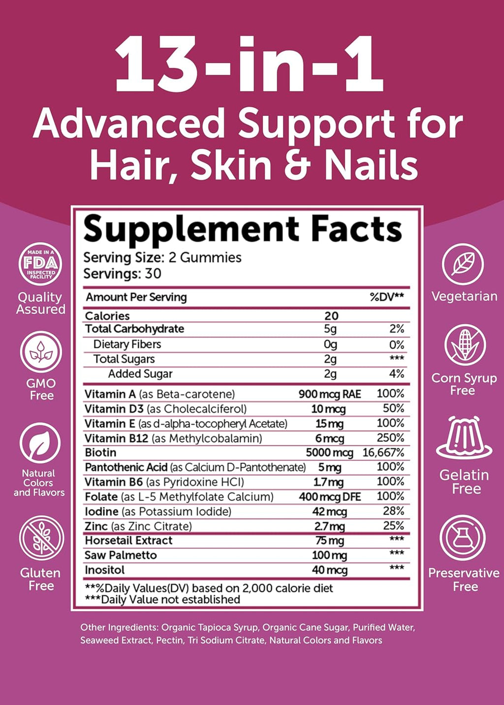 Lunakai USA Made Super Hair Gummies with Biotin, Zinc, Horsetail Extract & Saw Palmetto - Hair Growth Vitamins for Women & Men – Supports Thicker, Longer, Stronger Tresses, Skin & Nails, 60ct