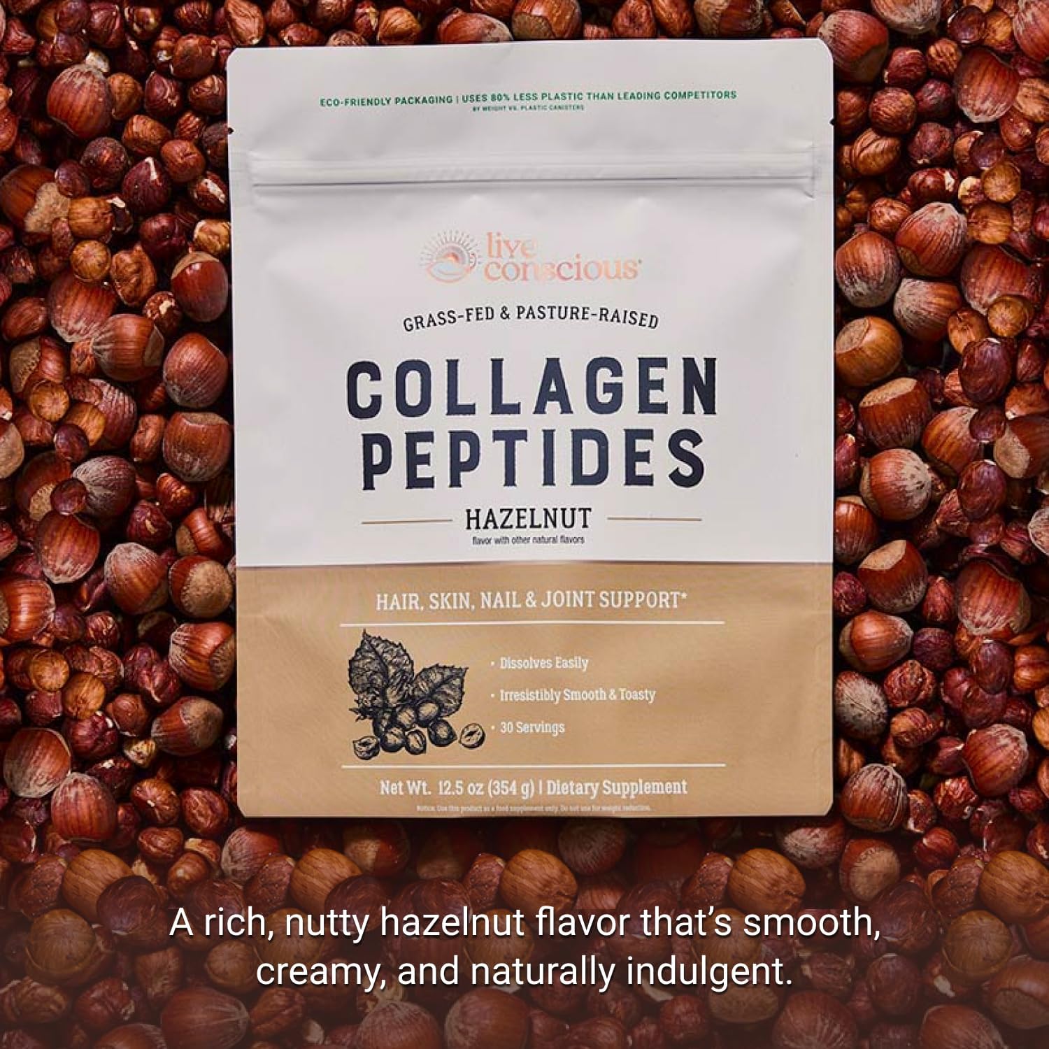 Live Conscious Collagen Peptides Powder - Hazelnut Collagen Powder - Hair, Skin, Nail, & Joint Support - Type I & III Grass-Fed Collagen Supplements for Women and Men - 30 Servings (2-Pack) - 12.4oz