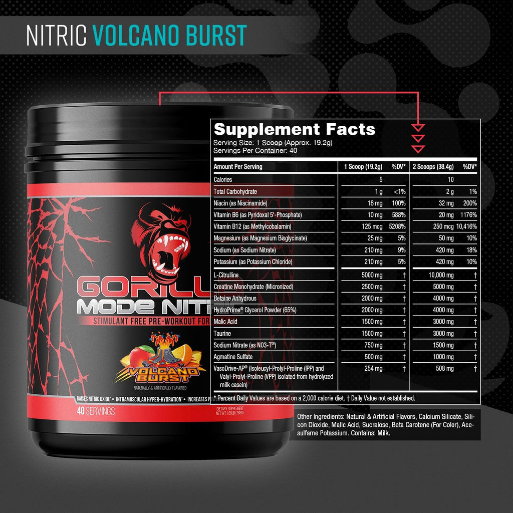 Gorilla Mode Nitric Upgraded Stimulant Free Pre-Workout – Best Tasting and Most Effective Stimulant Free Pre-Workout/Massive Pumps · Vasodilation · Power / 768 Grams (Volcano Burst)