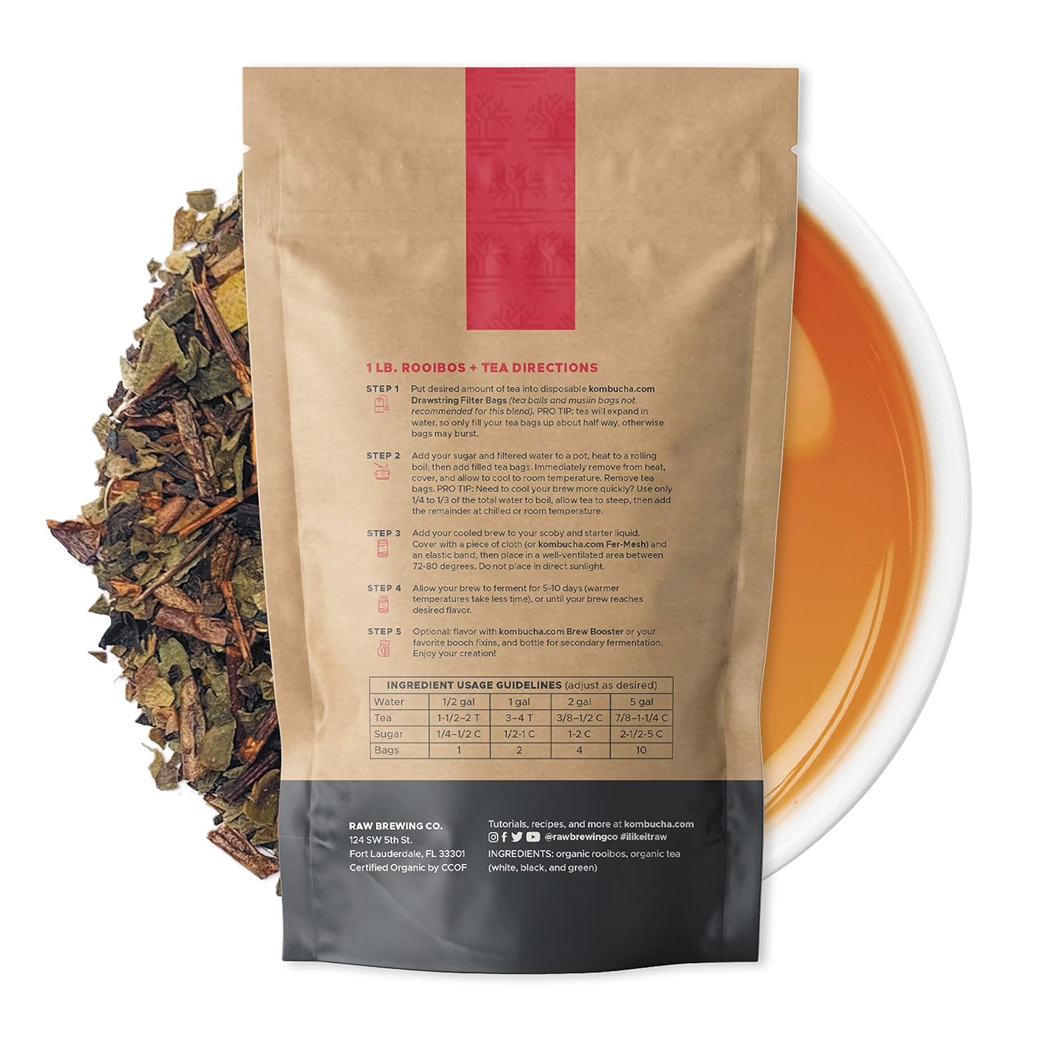Kombucha.com Certified Organic Loose Leaf Rooibos & Tea - Kombucha Brewing Blends (Rooibos/Black/Green/White Tea Blend, 1 Pound) - 30% Rooibos 70% Tea. Makes up to 50 gallons.