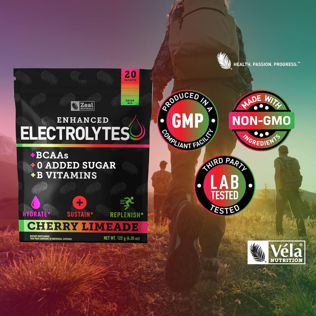 Enhanced Electrolyte Powder Stick Packs (Cherry Limeade | 20 Packets) w/ 0 Sugar +BCAAs +B-Vitamins Electrolyte Supplement w Potassium Zinc & Magnesium for Hydration - Keto Electrolytes