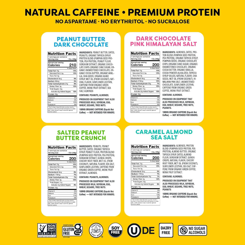 Quantum Energy Square: Energy Bar with Caffeine & 10g Protein. Delicious Healthy Snack On The Go. (Vegan, Gluten-free, Soy-free, Dairy-free) (Variety 8-Pack)