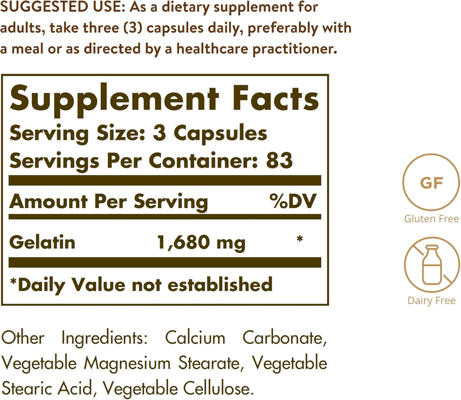 Solgar Gelatin 1680 mg, 250 Capsules - Natural Gelatin - Supports Bone, Joint & Skin Health - Gluten Free, Dairy Free - 83 Servings