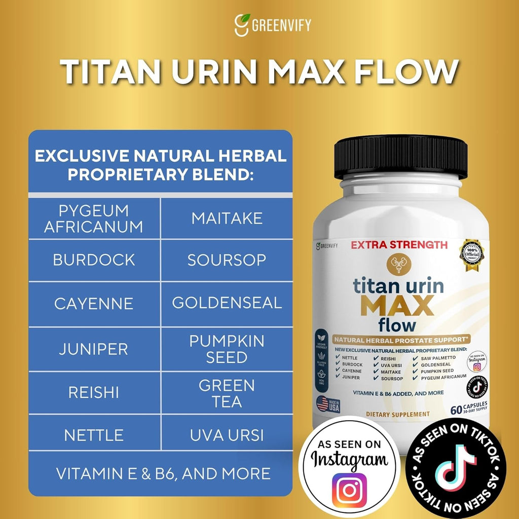 Titan Urin Max Flow Natural Prostate Supplement, 60 Capsules, Extra Strength Herbal Complex with Saw Palmetto, Vitamins E & B6 (1)