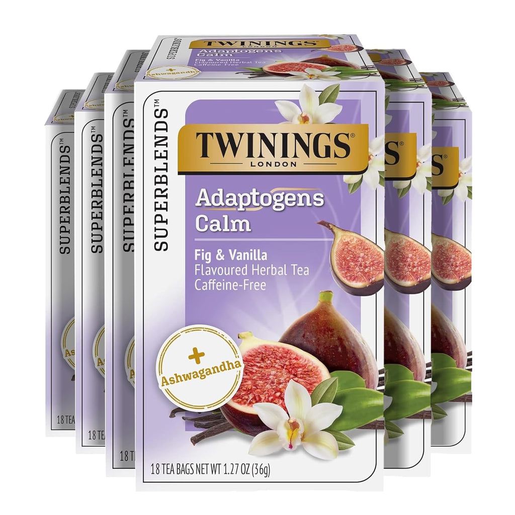 Twinings Superblends Adaptogens Calm with Ashwagandha Fig & Vanilla Flavoured Herbal Tea, Naturally Caffeine-Free, 18 Tea Bags (Pack of 6), Enjoy Hot or Iced, 108 Teabags
