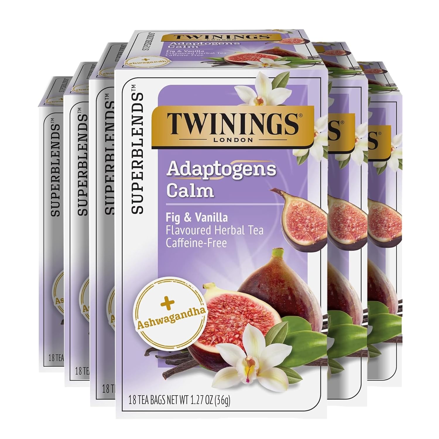 Twinings Superblends Adaptogens Calm with Ashwagandha Fig & Vanilla Flavoured Herbal Tea, Naturally Caffeine-Free, 18 Tea Bags (Pack of 6), Enjoy Hot or Iced, 108 Teabags