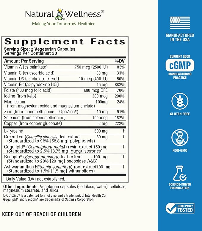 Natural Wellness Thyroid Support – Iodine, Selenium & L-Tyrosine Supplement for Healthy Thyroid Function, Energy, and Metabolism – Thyroid Support for Women & Men – 60 Vegetarian Capsules