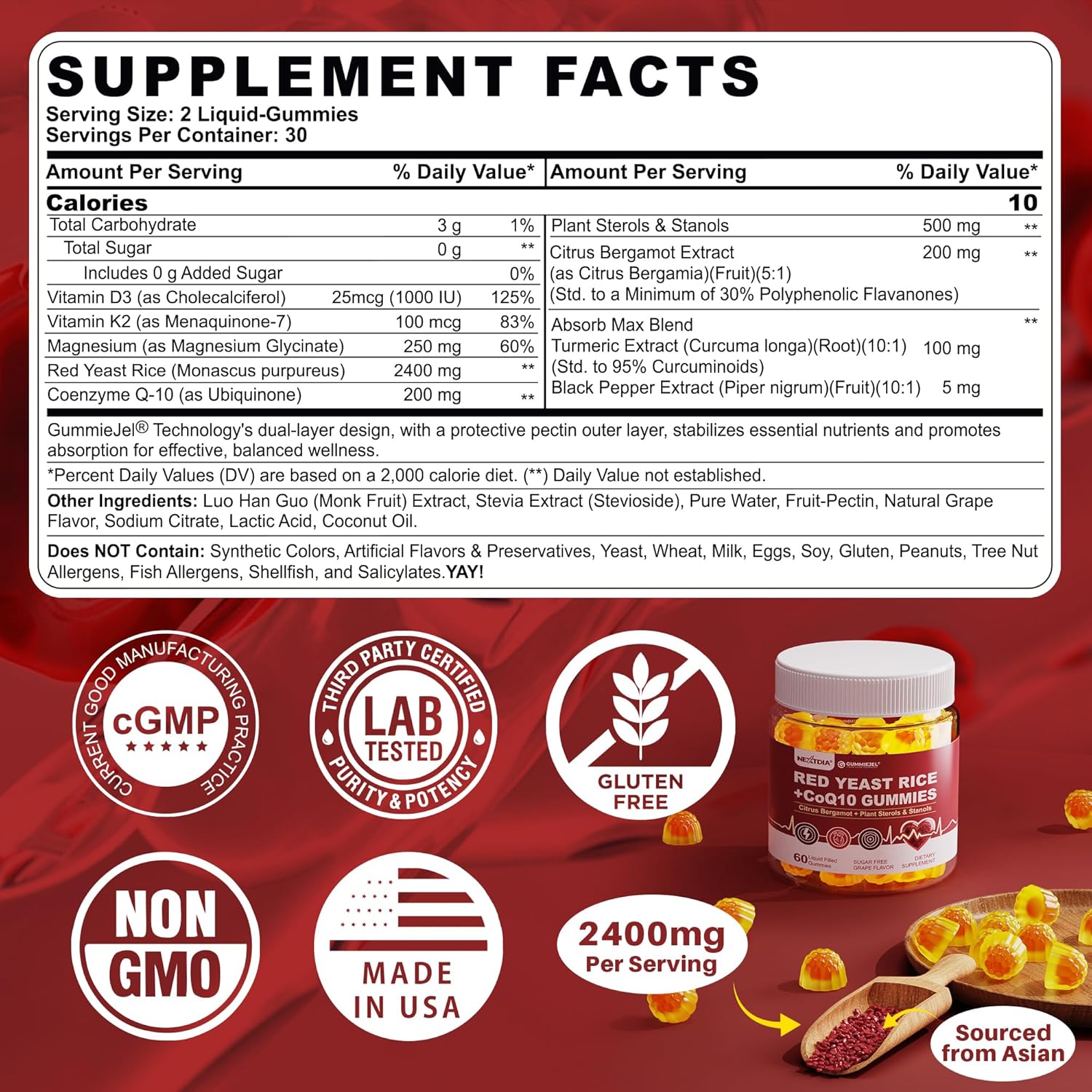 Red Yeast Rice Gummies 2400MG with CoQ10, Suagr Free Balanced Cholesterol Supplements Plus Citrus Bergamot, Plant Sterols & Stanols Supports Vascular Health, Energy, Immunity for Age 50+,Vegan,60 Cts