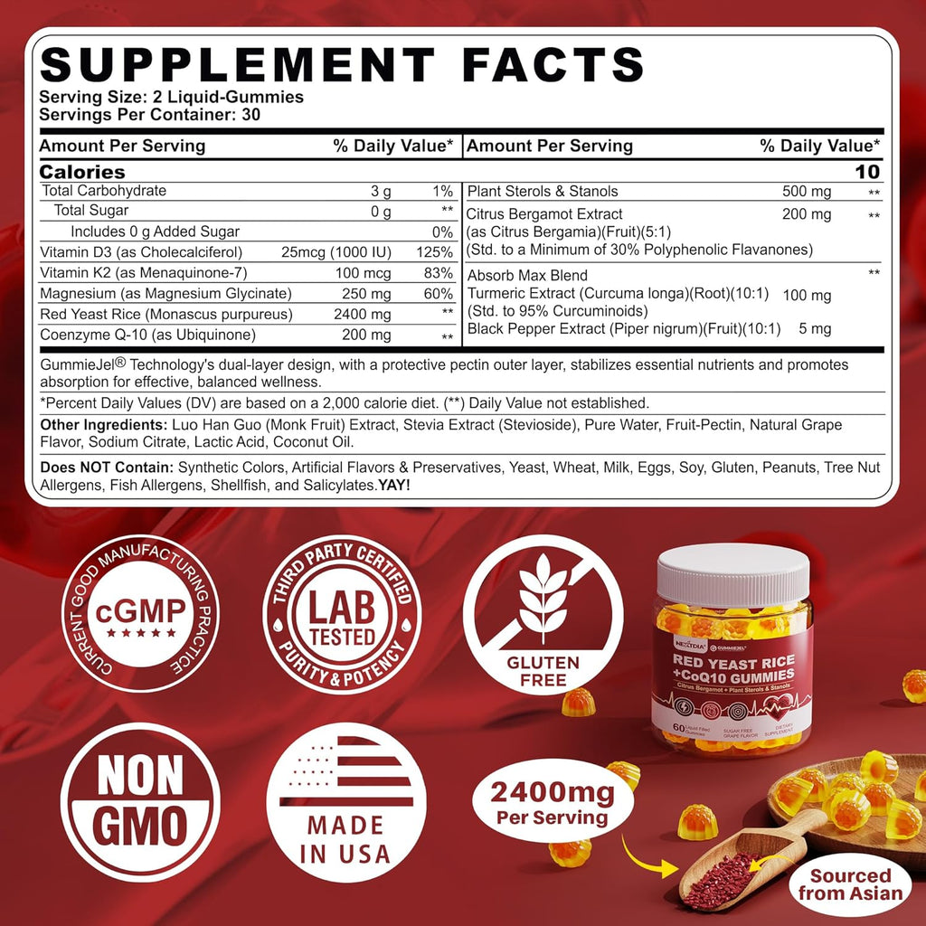 Red Yeast Rice Gummies with CoQ10, Extra Strength 2400MG Supports Vascular* Health for Men & Women, Made in USA, Boost Energy, Immunity, Vegan & Non-GMO - 120 Count