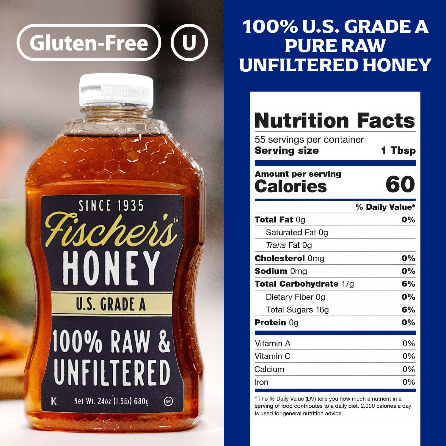 Fischer's 100% Pure, Raw & Unfiltered Honey – USA Made Honey, 24 oz – All-Natural Sweetener – Rich Flavor Profile, Packed with Nutrients