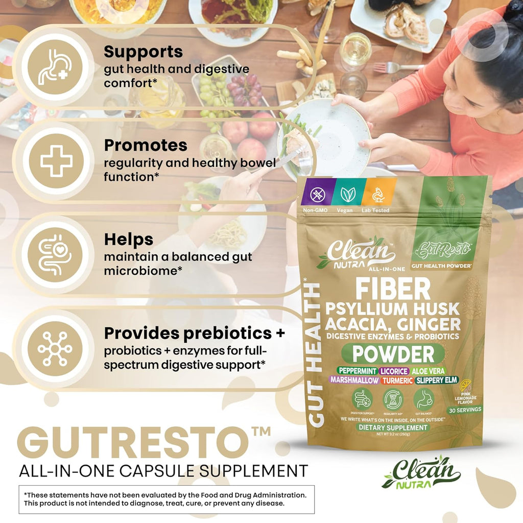 GutResto Fiber Supplement Psyllium Husk Powder Ginger Digestive Enzymes Probiotic Peppermint Licorice Aloe Vera Marshmallow Root Turmeric Supplement Slippery Elm Gut Health Prebiotics by Clean Nutra